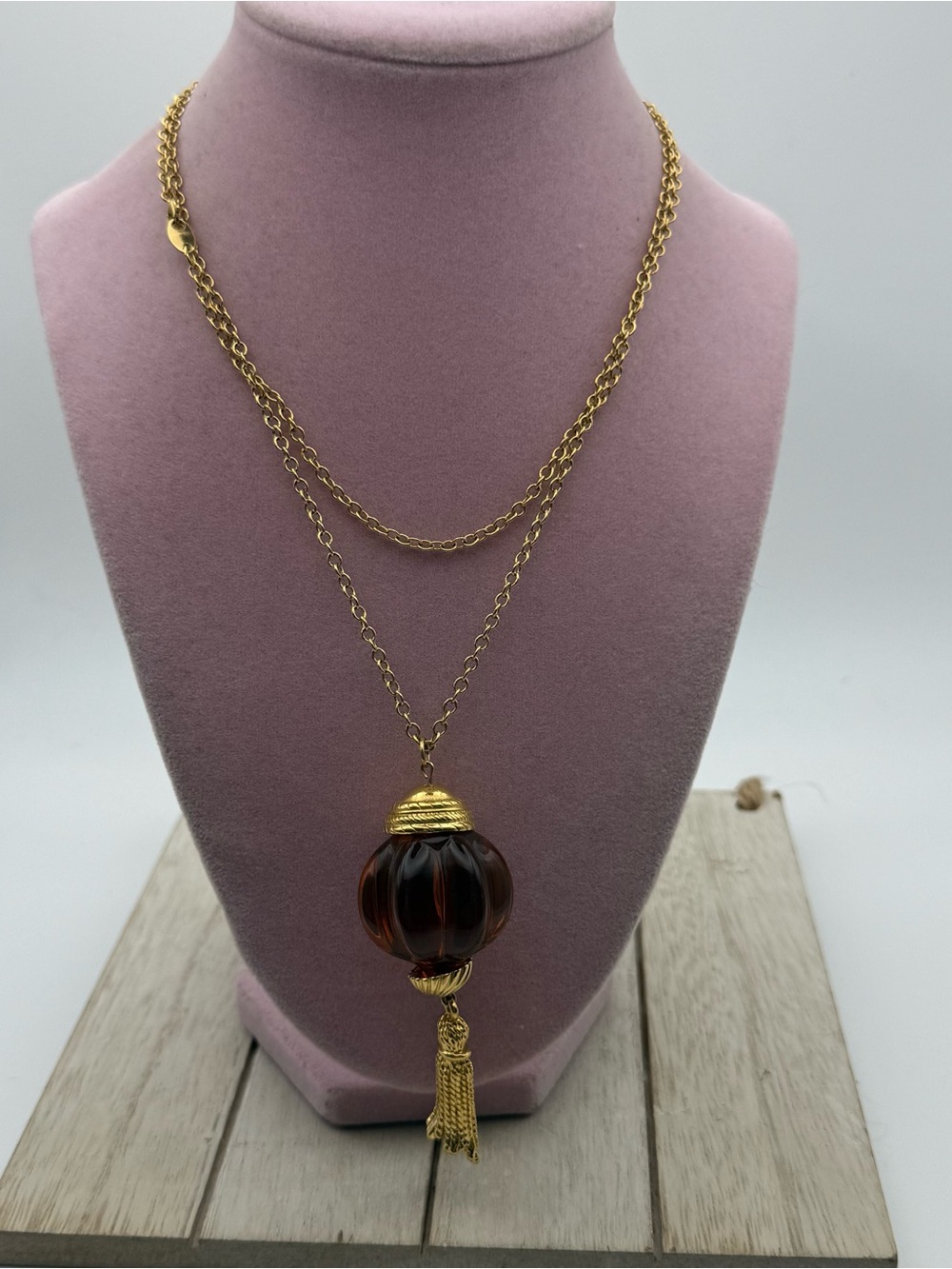 Avon Gold-Tone Necklace with Amber color Pendant and Tassel